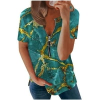 амуса Модерен летни ризи дамски модни случайни реколта флорални печатни ежедневни тениска къс ръкав с цип в врата пуловер блуза върхове жени върхове