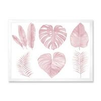 Дизайнарт ' Тропически Розови Акварелни Листа На Бяло И Изтъркан Шик Рамкиран Арт Принт