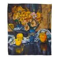 Супер меко хвърляне на одеяло, боядисване на маслени натюрморт с букет цветя във ваза около ябълките и огледалото домашно декоративно фланелно кадифено плюшено од