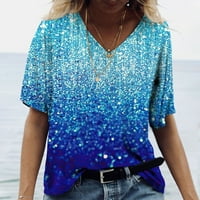 Женски ризи женски модни ежедневни отпечатани с v-образно деколте с късо ръкав горна блуза синя m