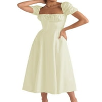 Sunisery Women's дълга рокля с а-линия солидна къса ръкава квадратна шия ruched tie Up maxi рокля