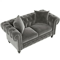 63 Честърфийлд туфиран диван, модерен кадифено бутон Tufted Loveseat Sofa с ролка и масивни крака Класически Честърфийлд Ст с удебелена седалка за хол, включени възглавници, сиво