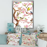 Цветни Малки Птици На Пролетни Цветя Дърво Рамка Живопис Платно Изкуство Печат