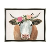 Ступел индустрии Пролетно цвете корона ферма крава с рога блясък сива рамка плаващо платно стена изкуство, 24х30