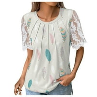 Gdfun Summer Tops Женски моден ежедневен свободен дантелен твърд цвят с къс ръкав отпечатан плисирана ивица тениска отгоре
