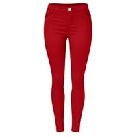 Разтягащи панталони за жени работят ежедневни жени с висока мода Жан класически твърд цвят глезени Дънки Небрежно редовно плътно прилепващи дънки Облекло Памучен червен S