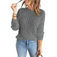 Дамски Хлабав Топъл Пуловер Дамска Мода Кръг Врата Плътен Цвят Дълъг Ръкав Плетен Пуловер Кух Топ Пуловер