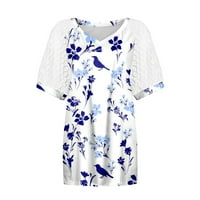 Дамски върхове дамски дантела къси ръкави блузи v врат тениска пачуърк отпечатани ежедневни върхове лилаво m