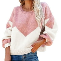 Пуловери за женски клирънс Цвят на жените, блокиращ хлабав пуловер пуловер кръгла врата пуловер