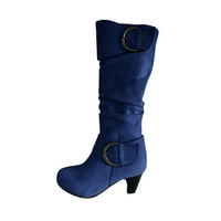 Symoid Womens Boots- Зимна топла пета Право кожен кожен колан Бъкъл велур дебел пета рицар ботуши синьо 41