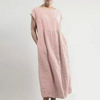 Лятна непринудена масивна цветна оцветена рокля от джобни памучни бельо, розово, розово, розово, XXL
