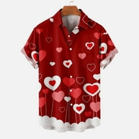 Блуза за мъже Просверие мъже Небрежни копчета Свети Валентин отпечатък с джобни въртящи се къси ръкави риза блуза рулания червено 6