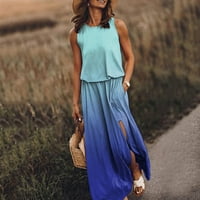Лятна рокля дамски о-не-деколте без ръкави градиент цвят бохемски стил страничен плаж плаж maxi sundress blue_ l