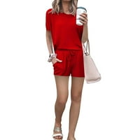 Жени панталони ежедневно лято жени модни о-шийни солидни пуловер с къс ръкав превръщане на разхлабени панталони изпотявания червени 8