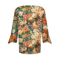 Dyegold женски ръкав v върхове на шията облекло ежедневно етнически флорален принт винтидж туника блуза разхлабена модерна графична тениска