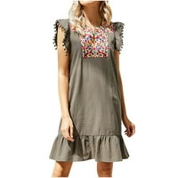 Бохо рокли за жени памучно бельо бродерия отпечатана Notch v шия къса рокля Ruffle Leaveless Tank рокля