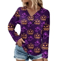 Ballsfhk блузи с дълъг ръкав за жени ежедневни v бутон за врата надолу риза Хелоуин печат блуза върхове свободни годни есенни ризи отгоре