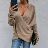 Есенни пуловери за жени модерни модни солидни цветове с дълъг ръкав Pullove v Neck Rish Tups Polyester Khaki XL