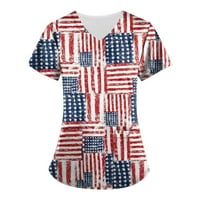 Sksloeg Женски скраб върхове плюс размер 4-ти юли Американски флаг печат V-образно облекло с джобове ризи за кърмене работеща униформа, тъмно синьо l