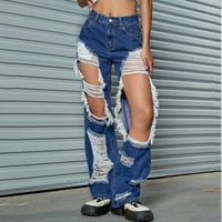 Kali_store панталони за жени ежедневни женски разкъсани дънки с широки крака, затруднени торбички с дънкови панталони тъмносини, s, s