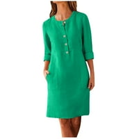 Летни рокли за жени Кръгли деколте коляното дължина сладък а-линия Плътен Ръкав пътуване рокля зелен 5хл