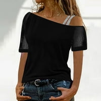 SKPBLUTN Дамски летни върхове Солидни от рамо на рамо с къс ръкав риза блуза върхове за жени черни l