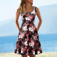 Дамски лято излизане на плажни рокли Crewneck без ръкави за безлика Floral Print Flowy A-Line Midi Ress