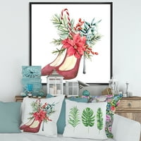 Дизайнарт Червени Велурени Обувки С Коледен Червен Флорален Декор Традиционна Рамка Платно Стена Арт Принт