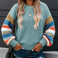 Жените Цвят блок пуловер кабел плета дъга Райета Дълъг ръкав блуза Тиеток