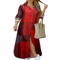 Дами от предния път Кафтан с дълъг ръкав Макси рокли Карирана ежедневна риза рокля жени лапета парти рокля червено 3xl