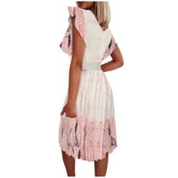 Женски флорални отпечатани миди елегантни плисирани рокли екипажът на шията с къс ръкав коктейл люлееща се дълга рокля с колан розов m