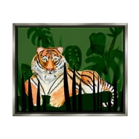 Ступел Тигър Тропически Растения Природа Животни И Насекоми Живопис Сива Плаваща Рамка Изкуство Печат Стена Изкуство