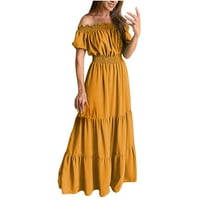 Bigersell Women Ruffle Maxi рокля лято от рамото късо ръкав дълги рокли небрежни разхлабени плим