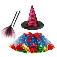 Биайксми 2-8Т Хелоуин костюм за момиче, творчество вещица шапка метли Лък Еластична талия Поли Хелоуин парти костюм