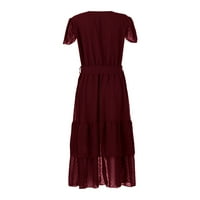 Летни рокли за жени в-Деколте Мода масивна средна дължина А-линия къс ръкав рокля вино 2хл
