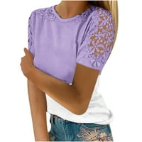 Ecqkame жени лято плюс размер туника върхове жени жени ежедневни печат кръгла дантела кухина на пуловер с къс ръкав от отслабване на блуза тениска върхове лилаво xxl