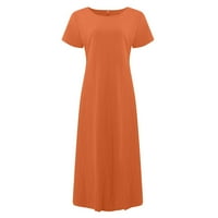 Летни рокли за жени Дължина на глезена Макси късо ръкав Мода за кръгло деколте солидна рокля оранжева m