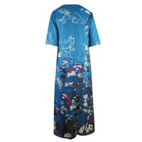 Женски рокли с v-образна флорална рокля с дължина на лакътя глезен а-линия рокли сини m