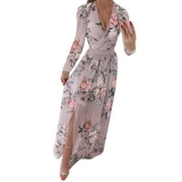Мини рокли за жени с дълъг ръкав с v-образно шифон флорален печат бохо рокля елегантна цветна модна рокля Празнична рокля с цепка