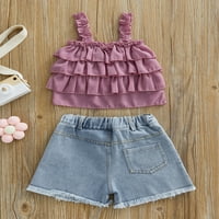 Ефирните летни бебешки момичета дрехи мрежести дантелени без ръкави върхове на жилетка+комплекти от дънкови къси панталони с висока талия