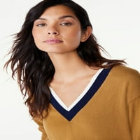 Свободен монтаж Дамски контраст в-врата пуловер с дълги ръкави, средно тегло, размери ХС-ХСЛ