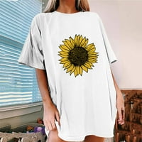 Дамски летни тениска небрежни кръгли върхове на шията свободни слънчогледи отпечатани шарки с къса ръкав блуза xl