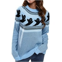 Коледни пуловери за жени клирънс жените кръг врата Хелоуин печат отдих пуловер плетене пуловер дълъг ръкав върхове