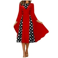 Клирънс Летни рокли за жени дълъг ръкав полка точка темперамент средна дължина А-линия пътуване в-врата рокля червен ххл