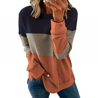 Дами ежедневни горни шевове контраст цвят кръгъл пуловер с дълъг ръкав