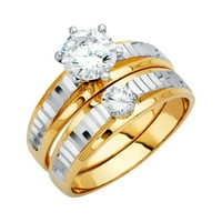 Jewels 14K Yellow Gold Cubic Zirconia CZ Сватбена лента и годеж Булчински пръстен Две комплекта трио комплект размер 6