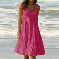 Лизечин оферти Летни рокли за жени Плюс размер модерен празник парти Плътен цвят в врата без ръкави страна Плаж приплъзване рокля на клирънс горещо розово л