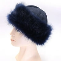Fau fo fur сплетена топла дебела шапка, шапки за козина за жени за жени зима, пухкав руски един размер тъмносин пиншуи