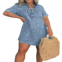 Paille жени кратки мини рокли солиден цвят деним рокля Лапета Лято плаж Sundress Kaftan Party Blue Xs