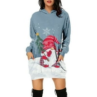 Женски модни коледни отпечатани джобове с дълъг ръкав качулки пуловер рокля лилаво m